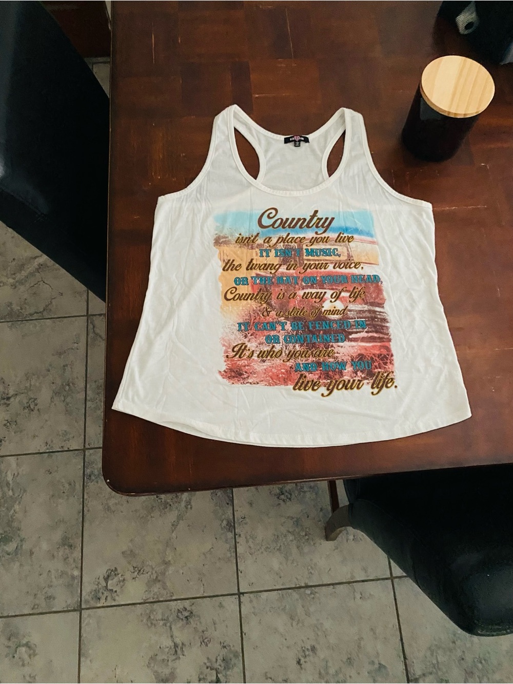 Ransom White Racerback Tank with Multicolor Country Graphic